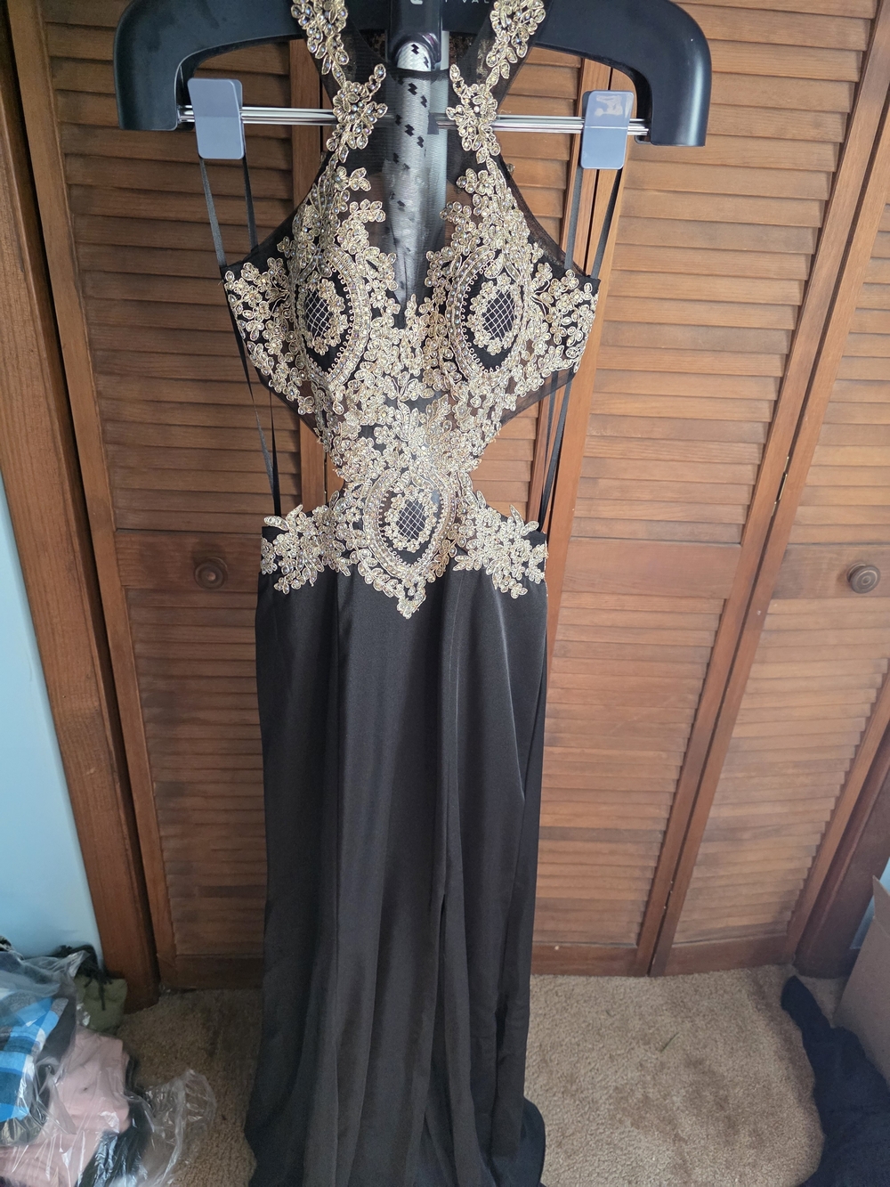 Black Evening Gown with Gold Lace Appliqué